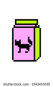 Dry Cat Food In A Pink And Green Bag With A Cat Silhouette, Pixel Art Icon Isolated On White Background. 8 Bit Kitty Litter Package. Old School Vintage Retro 80s-90s Video Game Graphics.