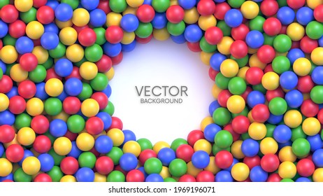 Dry children's pool with colorful balls and round palce for your content. Pile of multicolored toy balls for children at the playground. Realistic vector background