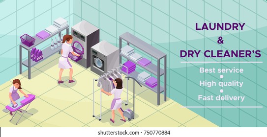 Dry Cleaners Or Laundry Service Banner, Isometric 3d Illustration With Washing And Ironing Machines, Laundress, Vector Interior Of Clothes Cleaning Shop