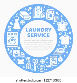 Dry cleaning, banner illustration with blue flat glyph icons. Laundry service equipment, washing machine, clothing leather repair garment steaming. Circle template launderette poster.