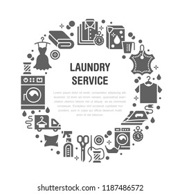 Dry cleaning, banner illustration with flat glyph icons. Laundry service equipment, washing machine, clothing leather repair garment steaming. Circle template launderette poster.