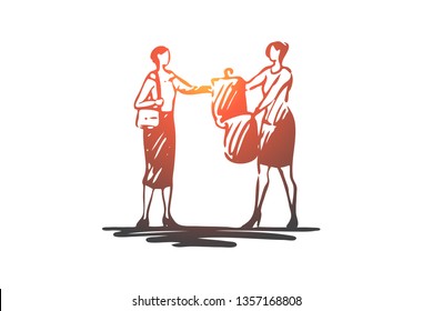 Dry, cleaning, clothes, service, woman concept. Hand drawn woman picks up things from dry cleaning concept sketch. Isolated vector illustration.