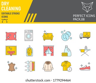 Dry cleaning color line icon set, laundry symbols collection, vector sketches, logo illustrations, dry cleaning icons, washing signs colorful linear pictograms, editable stroke