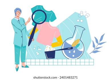 Diseño de banners para servicios de limpieza en seco y de lavandería comercial con manchas de análisis especializadas en ropa para desprenderse, ilustración plana vectorial aislada en fondo blanco.