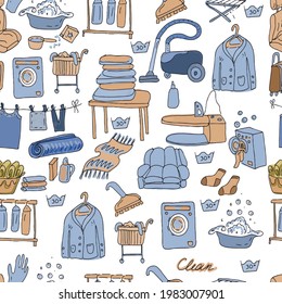 Dry cleaning doodle sketch vector illustration hand drawn textile print. cute picture color blue blue brown set patern seamless
