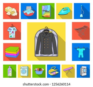 Dry cleaning equipment flat icons in set collection for design. Washing and ironing clothes vector symbol stock web illustration.