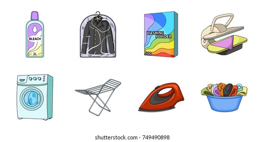 Dry cleaning equipment icons in set collection for design. Washing and ironing clothes vector symbol stock web illustration.