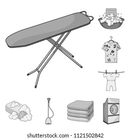 Dry cleaning equipment monochrome icons in set collection for design. Washing and ironing clothes vector symbol stock web illustration.