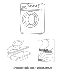 Dry cleaning equipment outline icons in set collection for design. Washing and ironing clothes vector symbol stock web illustration.