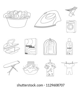 Dry cleaning equipment outline icons in set collection for design. Washing and ironing clothes vector symbol stock web illustration.