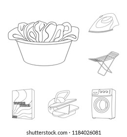 Dry cleaning equipment outline icons in set collection for design. Washing and ironing clothes vector symbol stock web illustration.