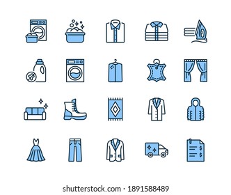 Dry Cleaning Flat Line Icon Set Blue Color. Laundry Service Symbol. Editable Strokes.