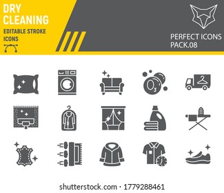 Dry Cleaning Glyph Icon Set, Laundry Symbols Collection, Vector Sketches, Logo Illustrations, Dry Cleaning Icons, Washing Signs Solid Pictograms, Editable Stroke