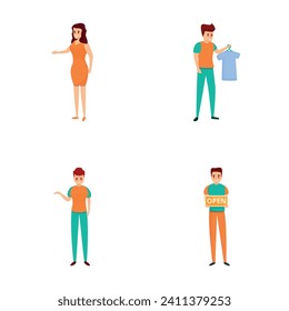 Dry cleaning icons set cartoon vector. Service industry worker. Clothes washing, laundry service