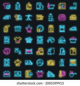 Dry cleaning icons set. Outline set of dry cleaning vector icons neon color on black