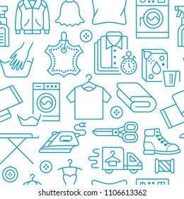 Dry cleaning, laundry blue seamless pattern with line icons. Laundromat service equipment, washing machine, clothing shoe and leaher repair, garment ironing and steaming. Background for launderette.