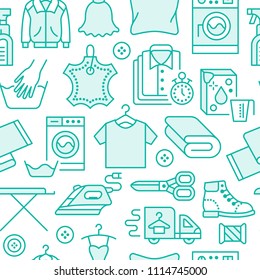 Dry cleaning, laundry blue seamless pattern with line icons. Laundromat service equipment, washing machine, clothing shoe and leaher repair, garment ironing and steaming. Background for launderette.