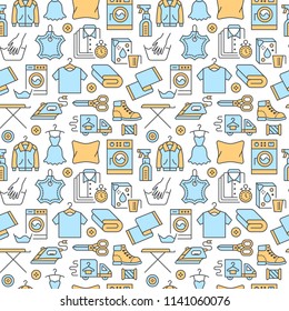 Dry cleaning, laundry blue seamless pattern with line icons. Laundromat service equipment, washing machine, clothing shoe and leaher repair, garment ironing and steaming. Background for launderette.