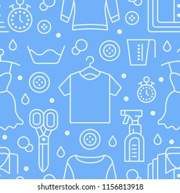 Dry cleaning, laundry blue seamless pattern with flat line icons. Laundromat service equipment, clothing repair, garment washing, shirts. Vector background for launderette.