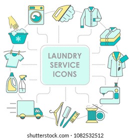 Dry Cleaning, Laundry And Cloth Washing Service Vector Linear Icons (labels, Logos). Drying, Ironing Symbols, Washing Machine, Stain Removing, Hanger, Folded Clothing, Delivery, Clothes Repairing