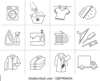 Dry Cleaning, Laundry And Cloth Washing Service Vector Linear Icons (labels, Logos). Drying, Ironing Symbols, Washing Machine, Stain Removing, Hanger, Folded Clothing, Delivery, Clothes Repairing