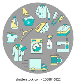 Dry cleaning, laundry and cloth washing service vector linear icons (labels, logos). Drying, ironing symbols, washing machine, stain removing, hanger, folded clothing, delivery, clothes repairing