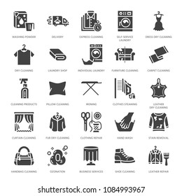Dry cleaning, laundry flat glyph icons. Launderette service equipment, washer machine, shoe shine, clothes repair, garment ironing and steaming. Washing signs. Solid silhouette pixel perfect 64x64.