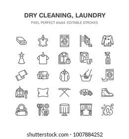 Dry cleaning, laundry flat line icons. Launderette service equipment, washer machine, shoe shine, clothes repair, garment ironing and steaming. Washing thin linear signs. Pixel perfect 64x64.