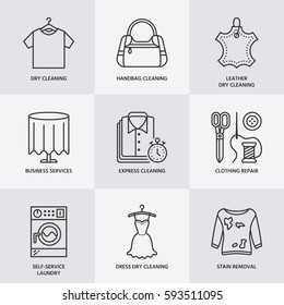 Dry cleaning, laundry line icons. Launderette service equipment, washing machine, clothing shoe and leather repair, garment. Washing thin linear signs for self-service laundry