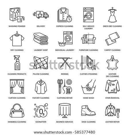 Dry cleaning, laundry line icons. Launderette service equipment, washing machine, clothing shoe and leaher repair, garment ironing and steaming. Washing thin linear signs.