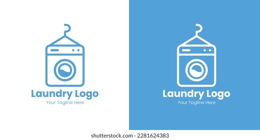 Plantilla del logotipo de la lavandería de limpieza en seco. Logo simple de la ilustración de la lavandería con lavadora y símbolo de percha.