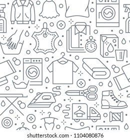 Dry cleaning, laundry seamless pattern with line icons. Laundromat service equipment, washing machine, clothing shoe and leaher repair, garment ironing and steaming. Background for launderette.