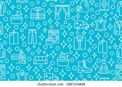 Dry cleaning and laundry seamless pattern with flat line icons. White symbol on a blue background.