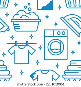 Dry cleaning, laundry seamless pattern. Laundromat service equipment, clothing repair, garment washing. Vector illustration