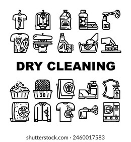 dry cleaning laundry service icons set vector. clean shirt, business hanger, cleaning suit, textile garment, machine care dry cleaning laundry service black contour illustrations