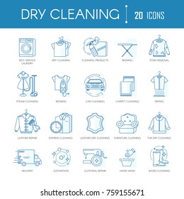 Dry cleaning laundry service line icons vector set for clothing types, car or carpets