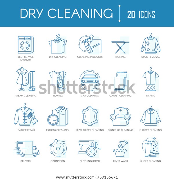 Dry cleaning laundry service line icons\
vector set for clothing types, car or\
carpets
