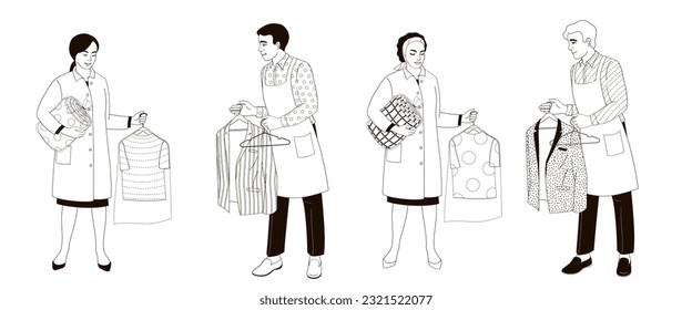 dry Cleaning and laundry service staff smiling characters on white background  in uniform 