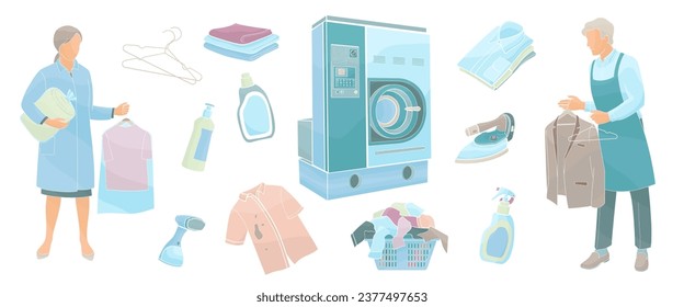 dry Cleaning and laundry service staff on white background  in uniform and set elements about dry cleaning, color vector illustration