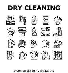 dry cleaning laundry wash service icons set vector. shirt care, business clothes, cleaning iron, textile laundromat, fabric, room washer dry cleaning laundry wash service black contour illustrations