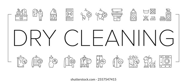 dry cleaning laundry wash service icons set vector. shirt care, business clothes, cleaning iron, textile laundromat, fabric, room washer dry cleaning laundry wash service black contour illustrations