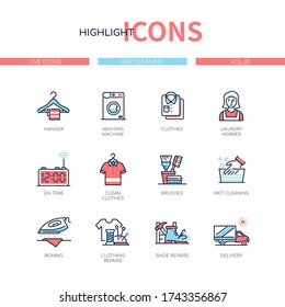 Dry cleaning - line design style icons set. Household tasks and domestic chores idea. Wet cleaning, ironing, clothing and shoe repairs, delivery services. Images of a hanger, laundry worker, brushes