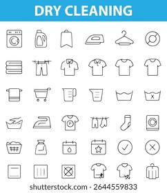 Dry Cleaning Line Icons, Hanger, Shirt, Washing Machine, Iron, Steam, Tag, Detergent, Stain,  fabric tag, stain remover, clothes rack, folded clothes, Provided in editable EPS and JPG form