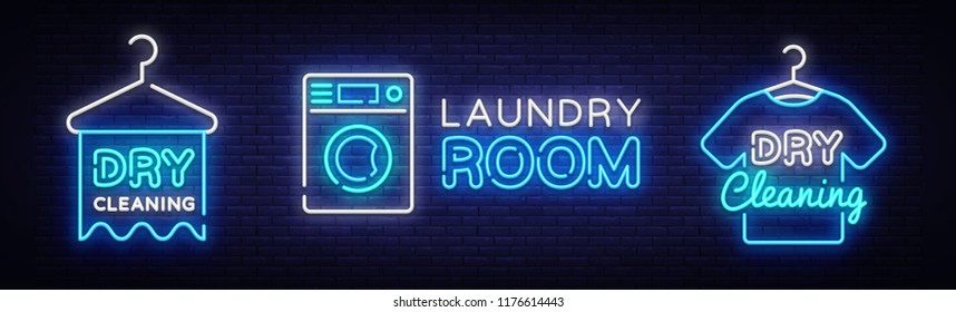 Dry Cleaning Neon Logo Collection Vector. Laundry Room neon sign, design template, modern trend design, night neon signboard, night bright advertising, light banner, light art. Vector illustration