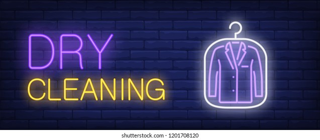 Dry cleaning neon sign. Jacket in plastic bag. Night bright advertisement. Vector illustration in neon style for service, business, fashion