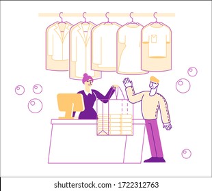 Dry Cleaning Service. Female Character Professional Laundry Worker Giving to Client Bag with Clean Clothes on Reception. Industrial Public Laundrette Cleaning. Linear People Vector Illustration