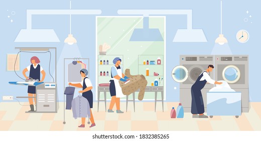 Dry cleaning service flat composition with indoor scenery of washing house with workers machines and detergents vector illustration