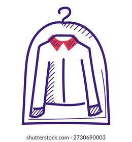 Vector de icono de servicio de limpieza en seco aislado. Ilustración dibujada a mano de la ropa en la cubierta de la limpieza en seco. Servicio de lavandería de Profesional.