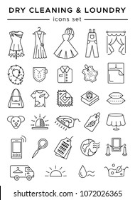 Dry cleaning service icons set. Vector linear pictogram collection. Black + white