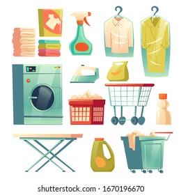 Dry cleaning service. Laundry equipment isolated on white background. Vector cartoon set of washing machine, iron and ironing board, detergents, cart for clothes and jacket on hanger